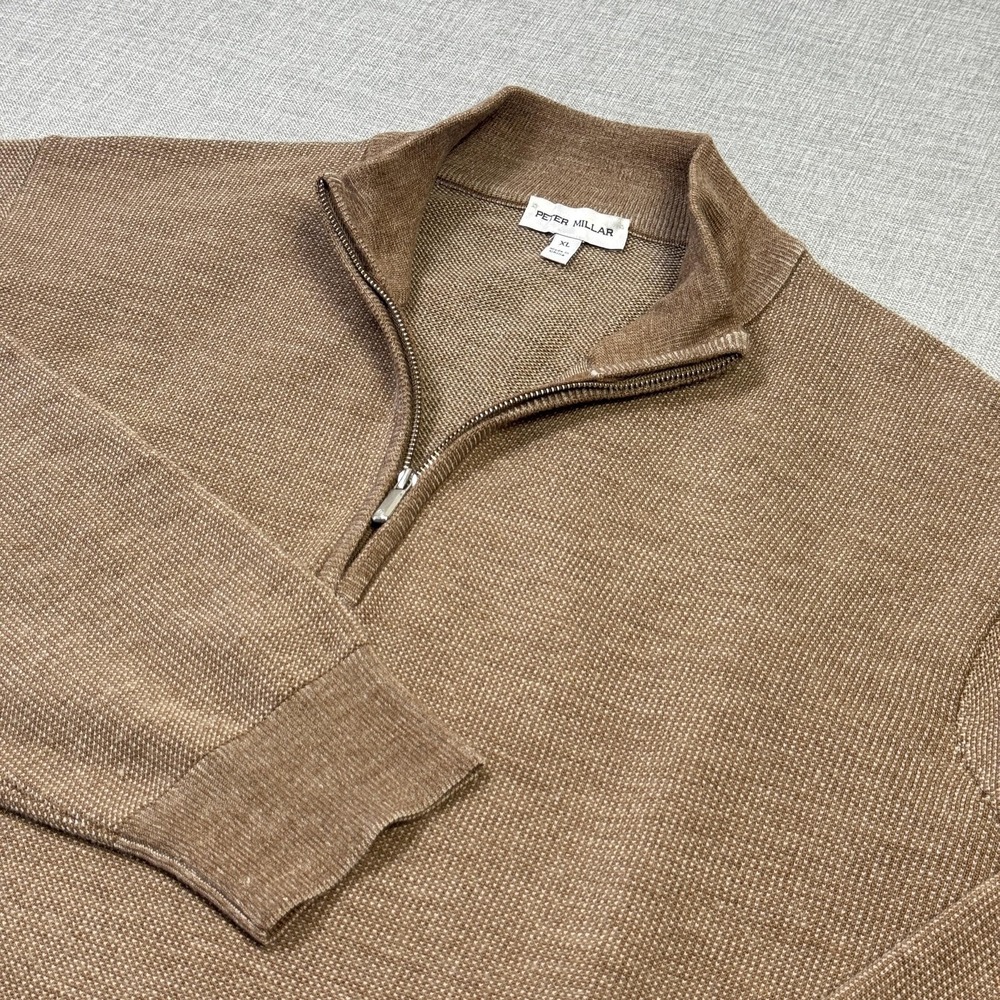 Peter Millar Merino Wool Sweater Pullover Mens XL Brown Mock Neck 1/4 Zip